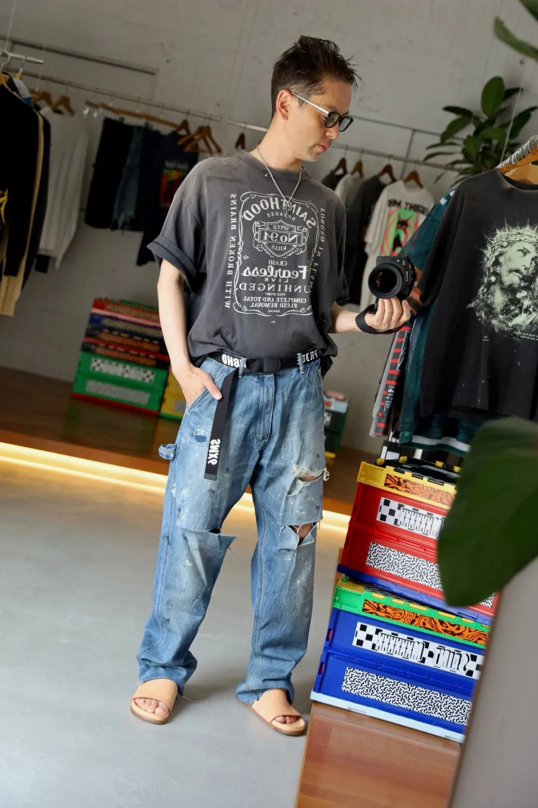 SAINT Mxxxxxx × NEIGHBORHOOD STHD . SS TEE FEARLESS/BLK NBHD Takizawa Shinsuke co-branded whiskey label/love skull angel distressed short sleeves washed black S-XL tube weave without side seam fabric ready-made Assute dyeing custom-woven NBHD co-branded main mark washed mark truly correct version top-level printing process restoration distressed treatment